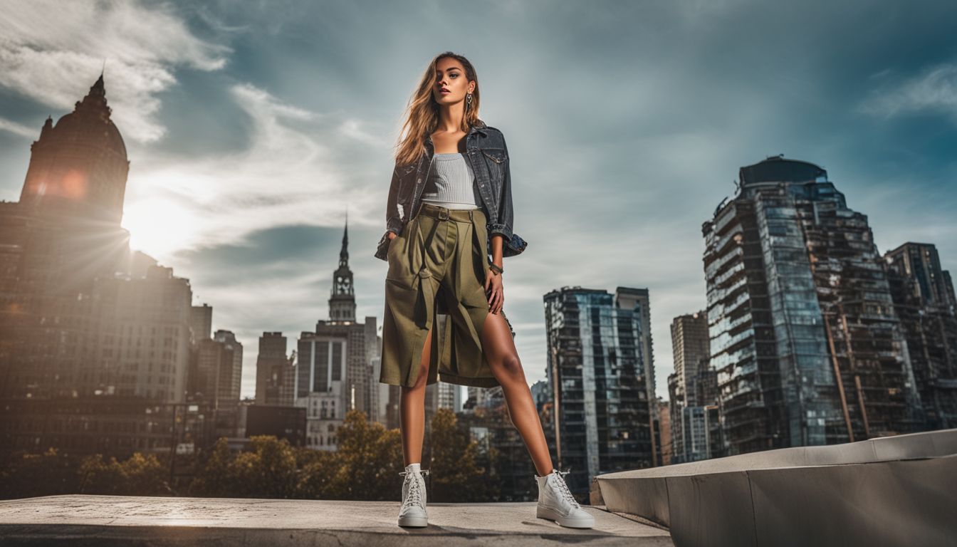 A fashion model wearing a recycled outfit poses in a cityscape environment for a fashion photography shoot.