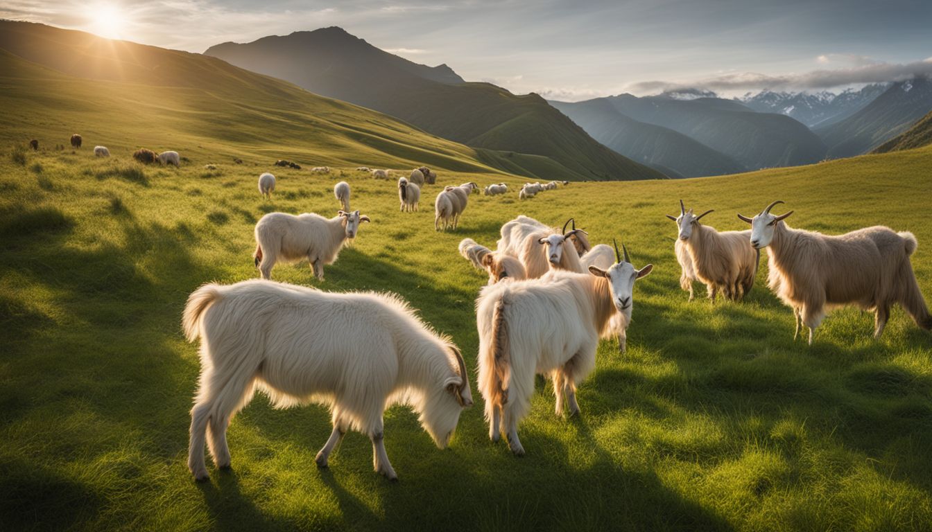 A diverse group of cashmere goats graze on a lush green pasture in a beautiful natural setting.