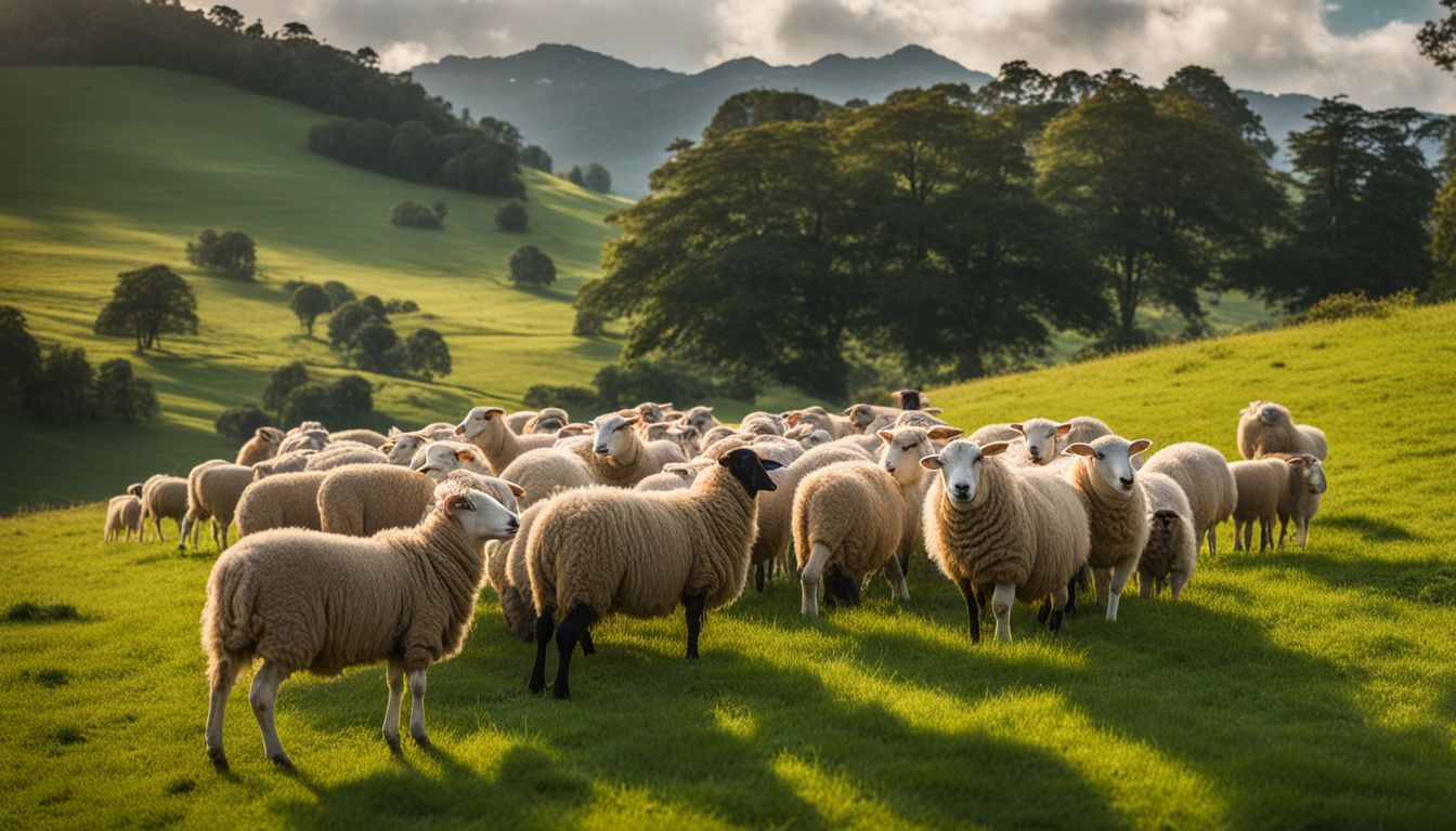 A group of sheep grazing in a green field, captured in high resolution, showcasing their unique features and surroundings.