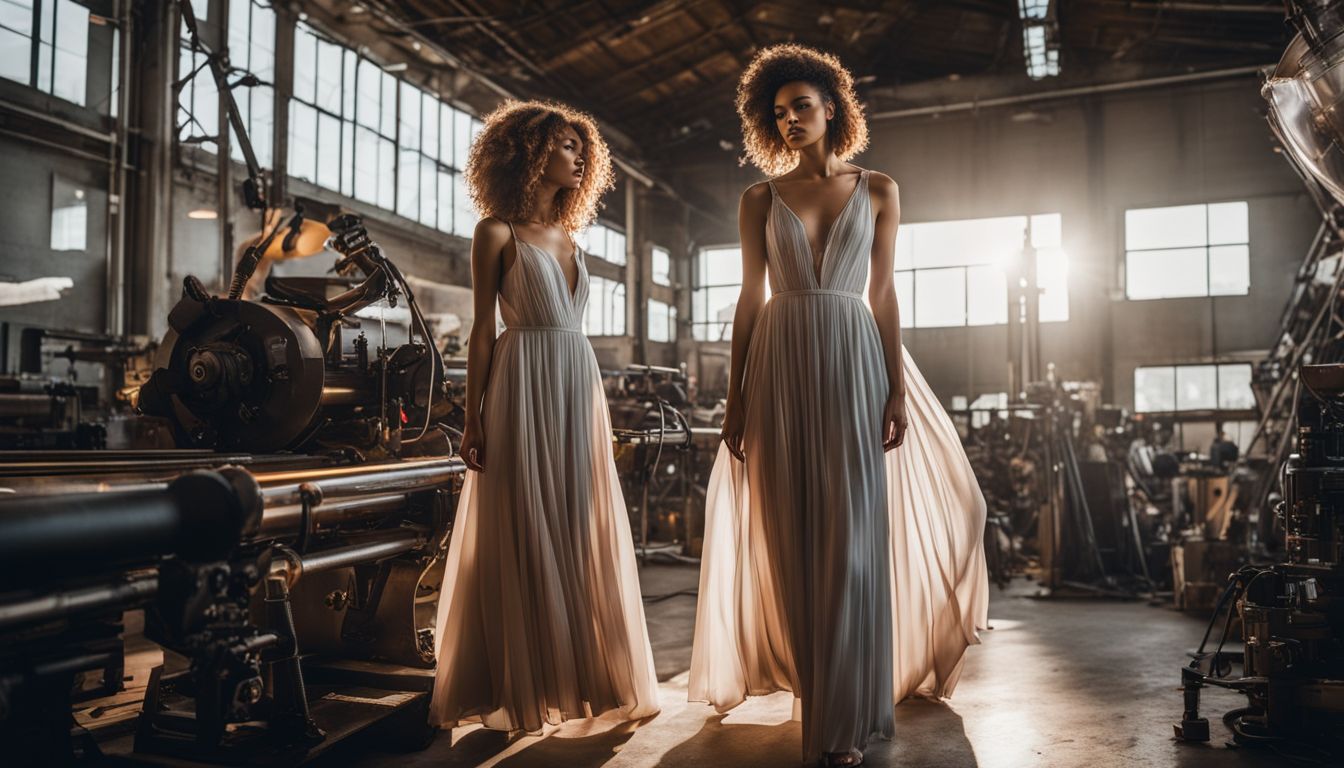 A fashion model wearing a flowing dress, surrounded by textile machinery, with different faces, hair styles, and outfits.