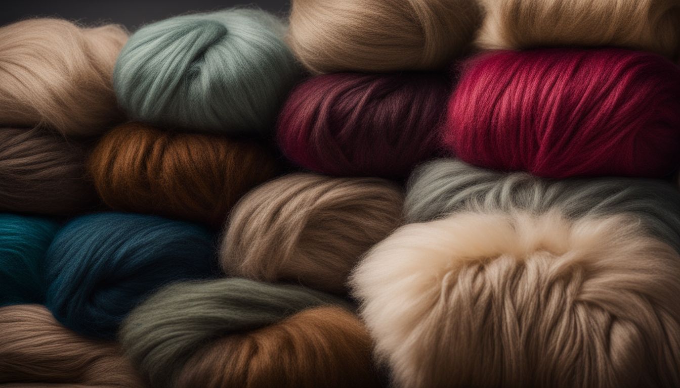 A pile of soft yak wool in natural colors, captured in a high-quality photo showcasing different people and outfits.