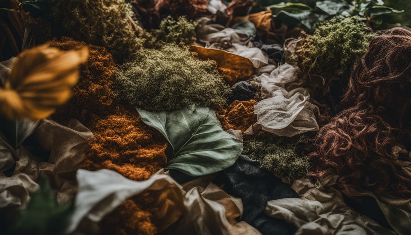 A pile of decomposing plant matter with scattered rayon fabric scraps, surrounded by diverse people in various outfits.