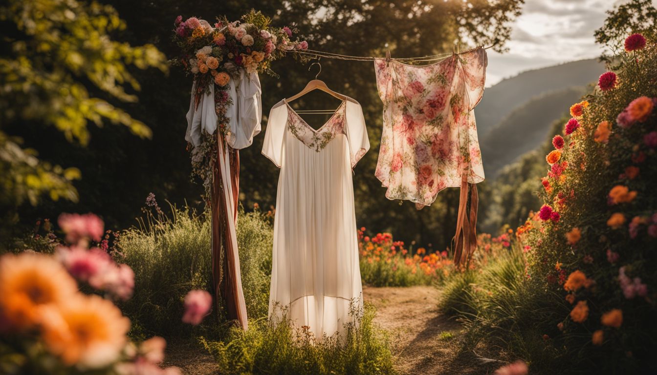 A photo of a flowing rayon dress hanging on a clothesline against a backdrop of colorful flowers.