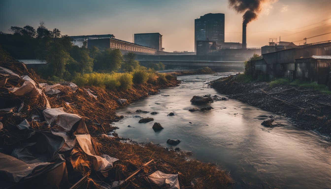 A polluted river with a textile factory in the background, showing different faces and outfits in a bustling atmosphere.