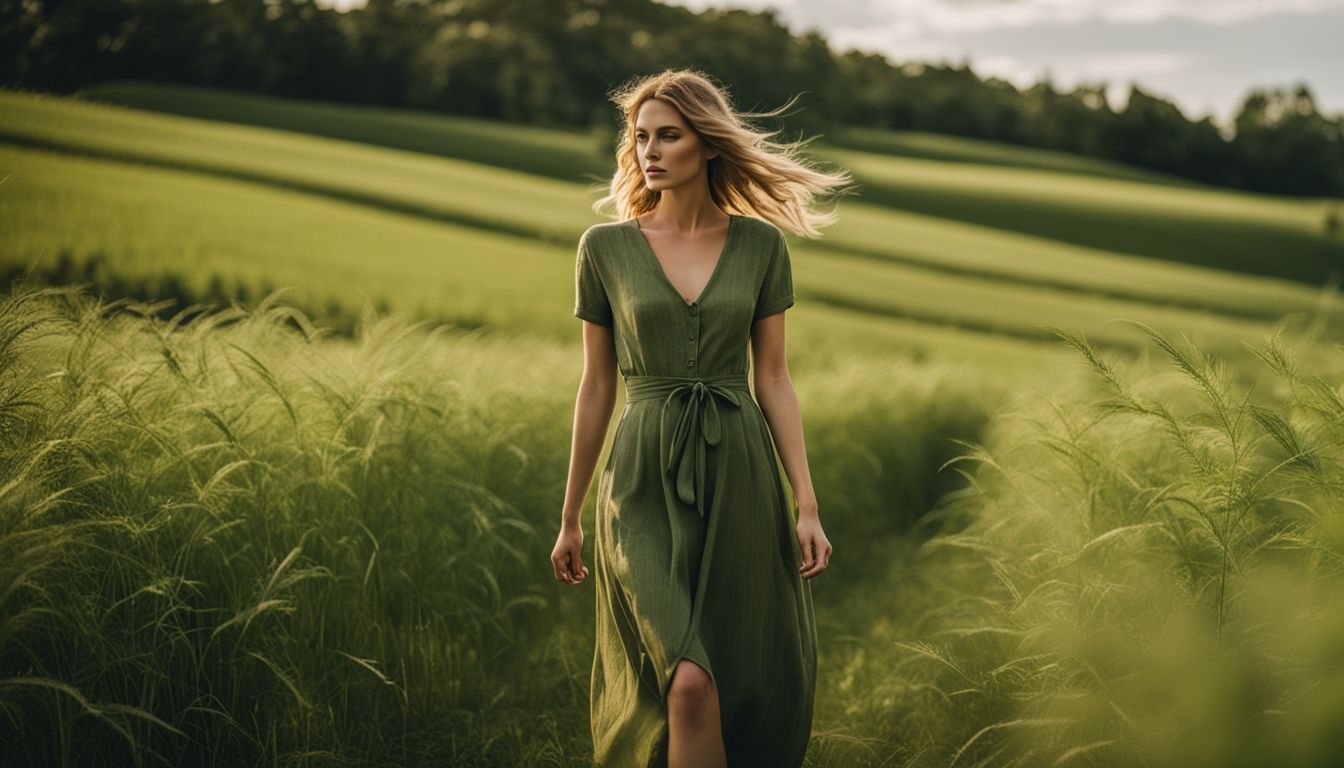 A Caucasian woman wearing a stylish hemp dress walks through a green field in various outfits and poses.