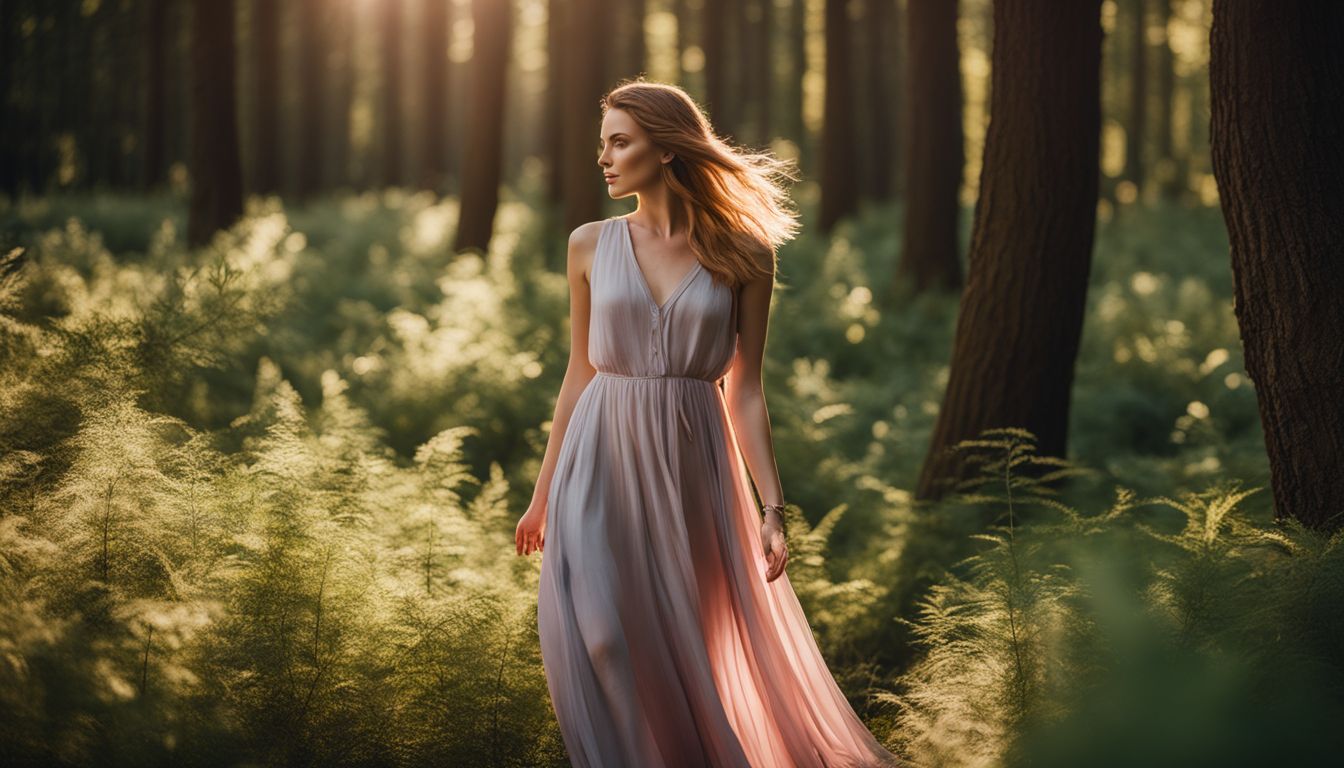 A woman in a flowing dress stands in a sunlit forest, showcasing different faces, hair styles, and outfits.
