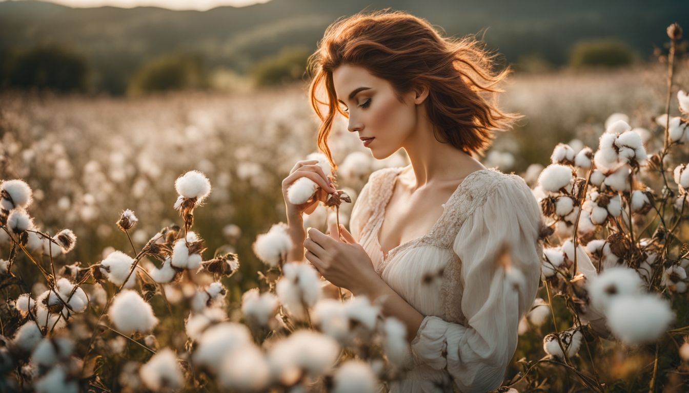 A woman in a meadow surrounded by blooming cotton plants, posing in different outfits and hairstyles.