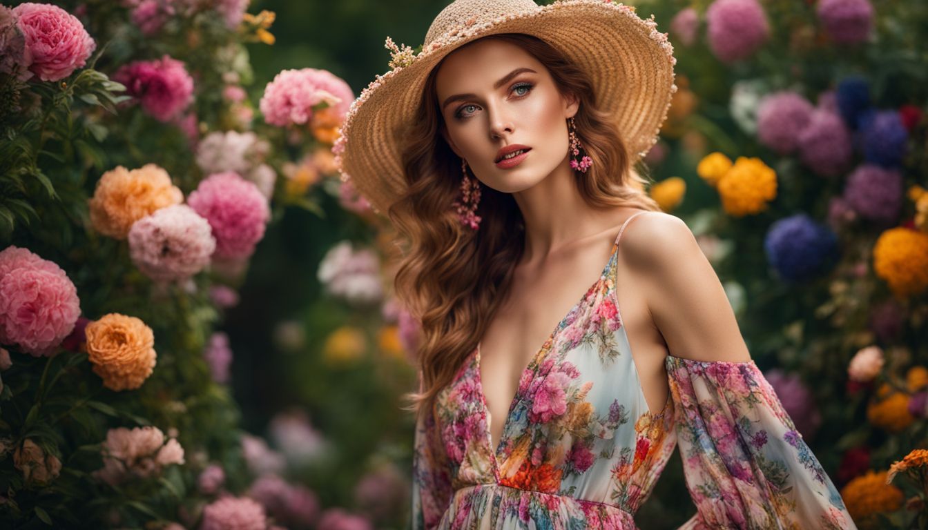 A model wearing a colorful dress in a blooming garden, featuring different faces, hairstyles, and outfits.