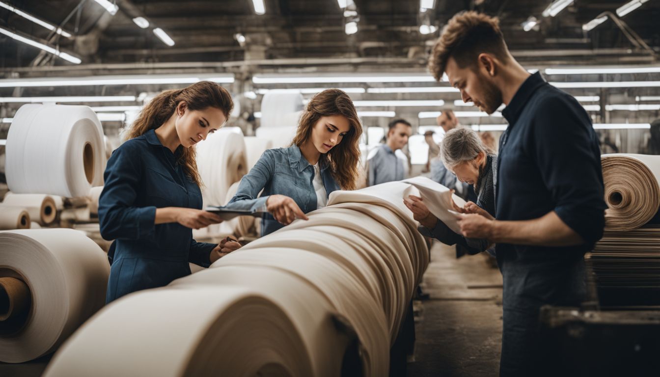 A diverse group of people inspect FSC and PEFC certifications on rolls of viscose fabric in a textile factory.