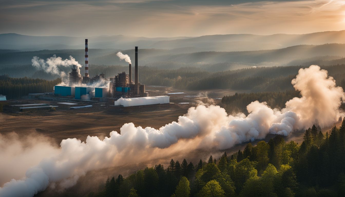 The image shows a factory emitting pollution and deforested land, with a diverse group of people in the foreground.