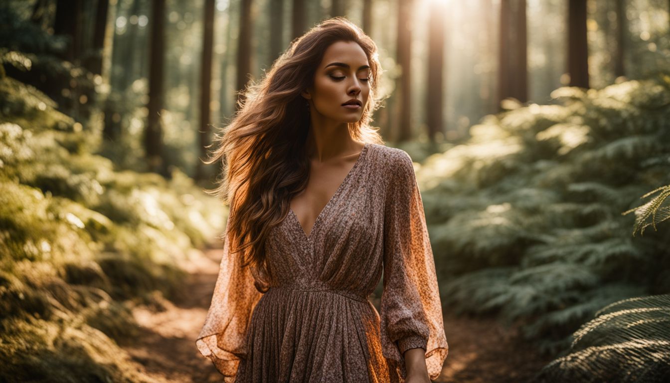 A woman in a flowy dress exploring a sunlit forest with different hairstyles and outfits.