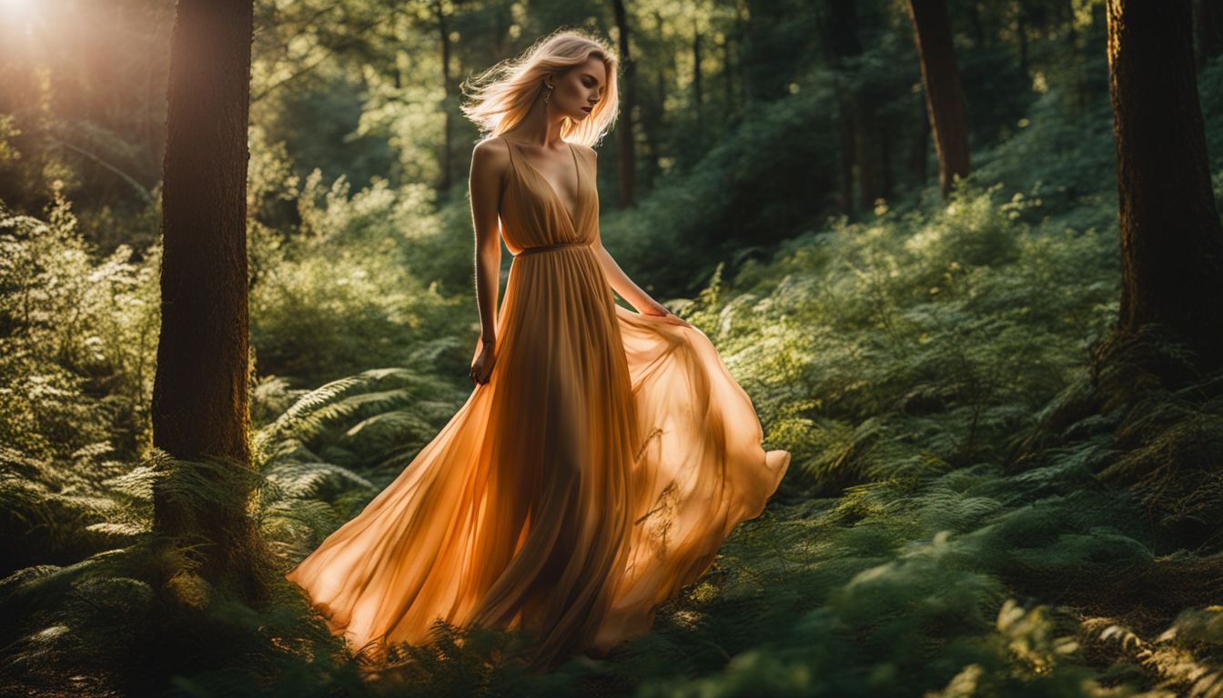 A Caucasian model wearing a flowing dress poses in a lush forest, showcasing different hairstyles and outfits.