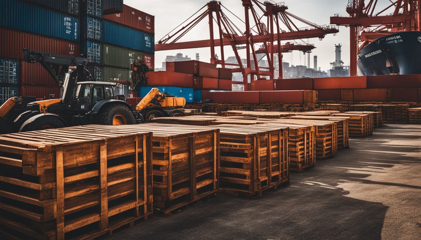 A photo of wooden shipping crates piled high in a port with industrial cranes in the background.