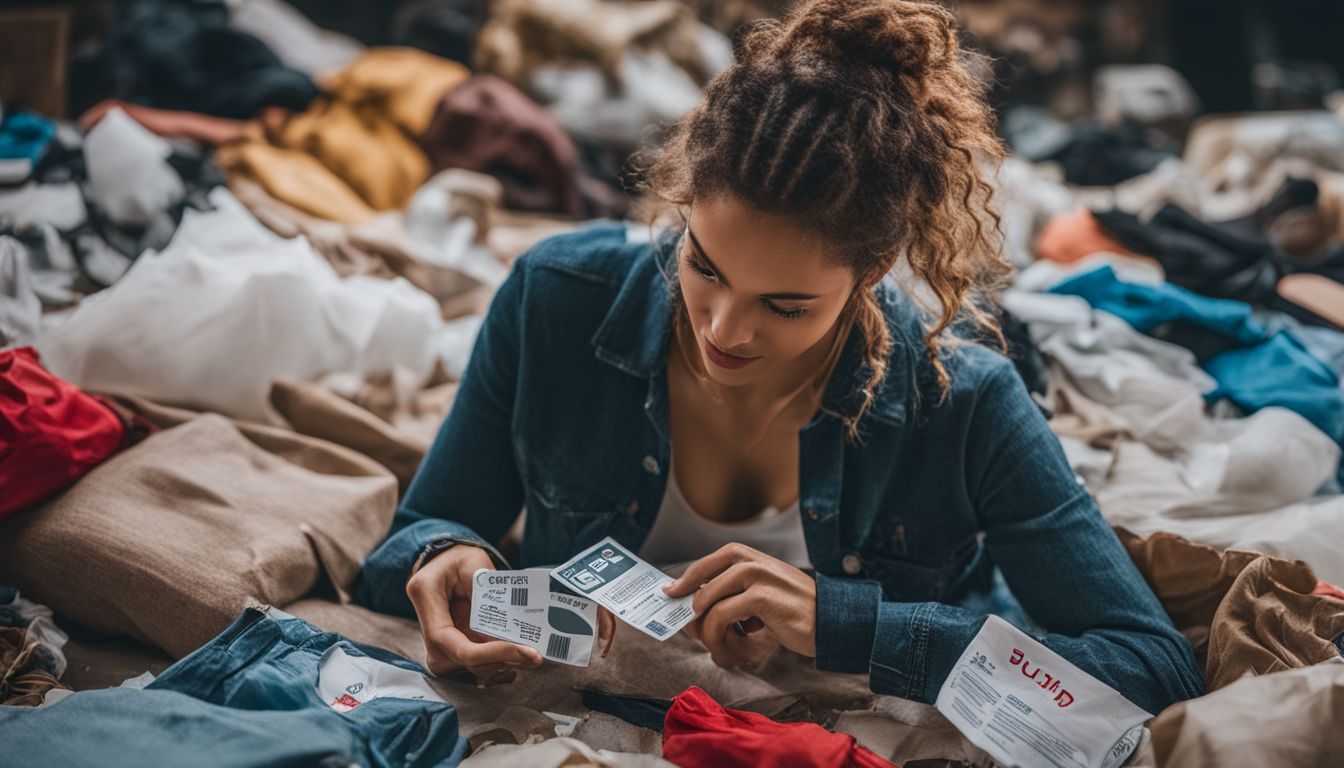 A person holds a care label surrounded by discarded clothing, showcasing diverse faces, hairstyles, and outfits.