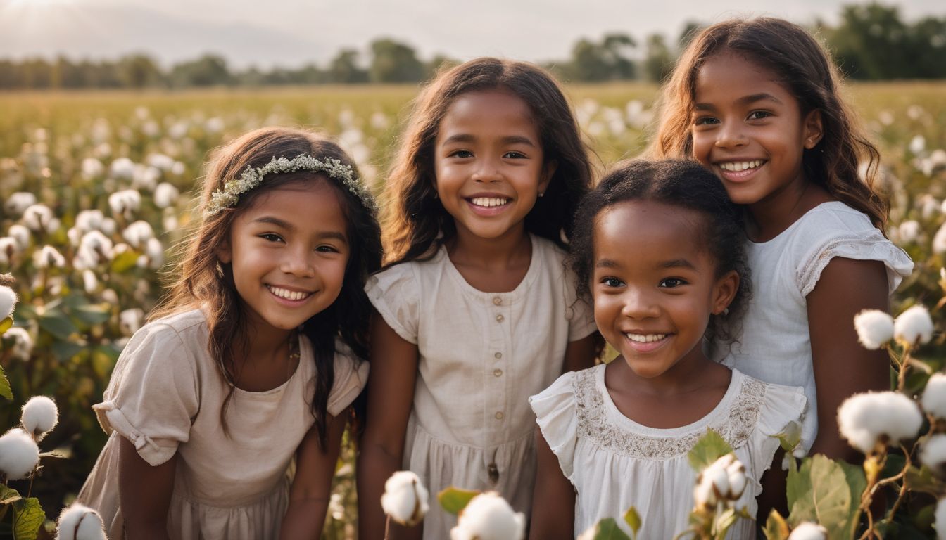 A group of diverse children enjoy playing together in a beautiful organic cotton field.