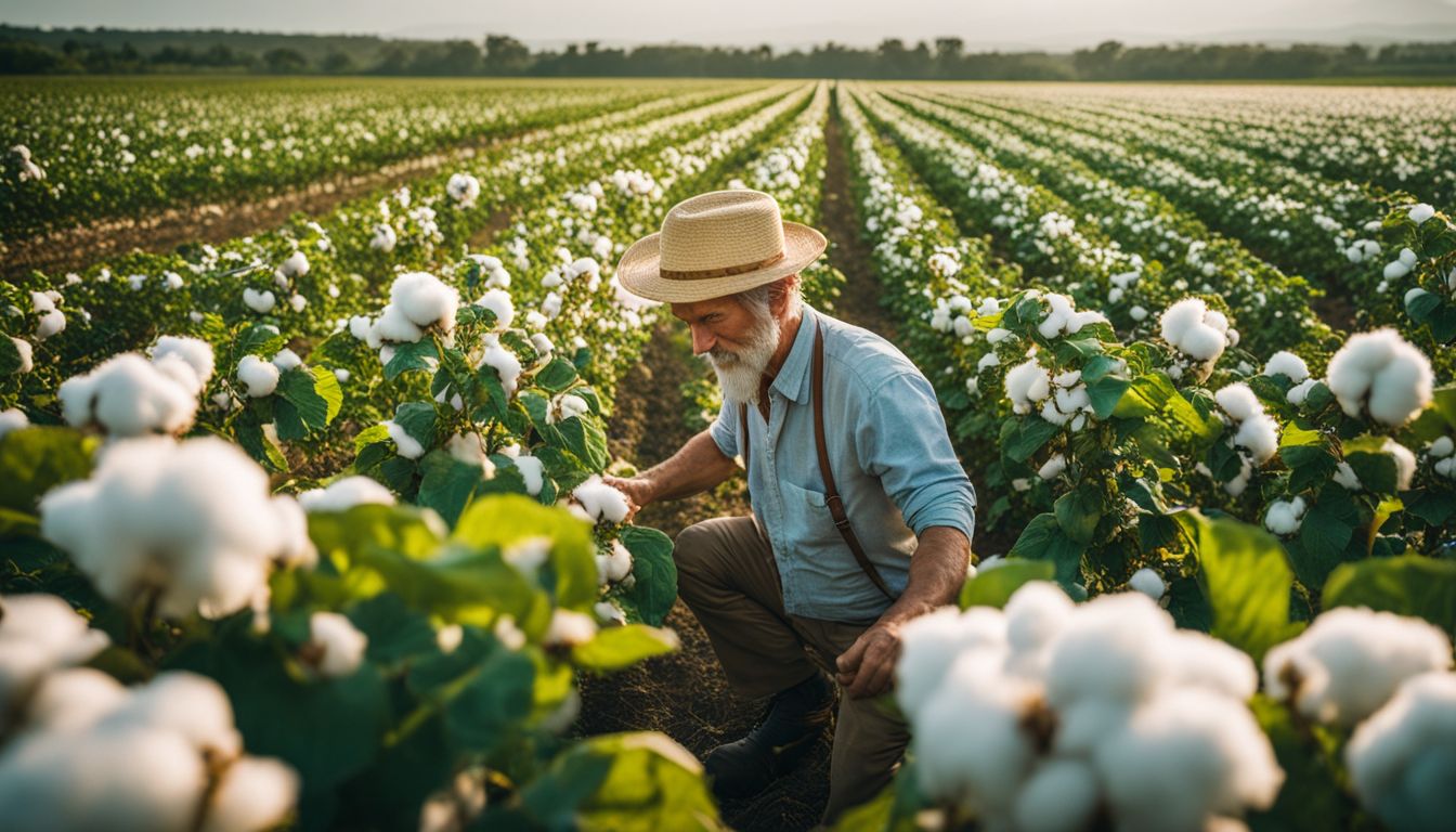 A farmer inspects a vibrant field of organic cotton surrounded by lush greenery in a bustling atmosphere.