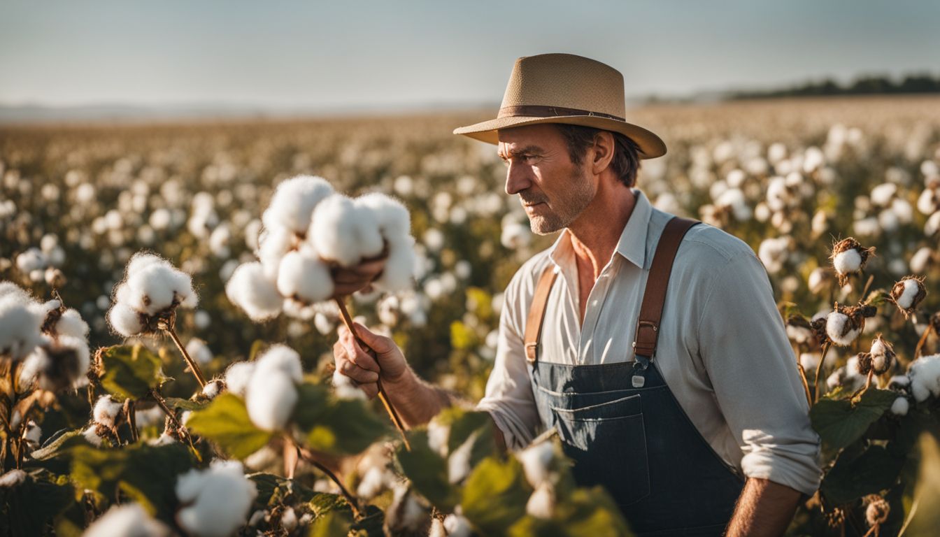 A farmer inspects organic cotton plants in a sunny field while surrounded by diverse people.