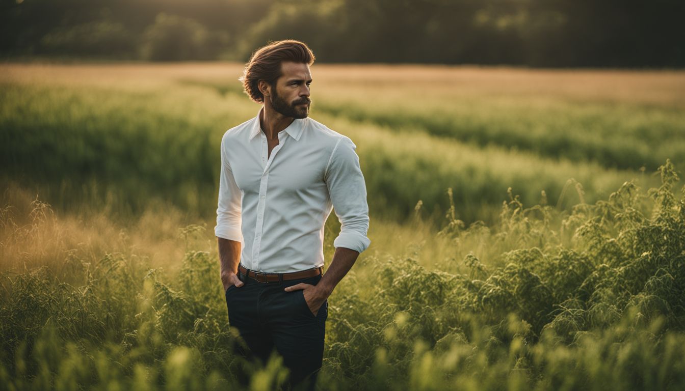 A man wearing an organic cotton shirt stands in a green field surrounded by diverse individuals with different styles and outfits.