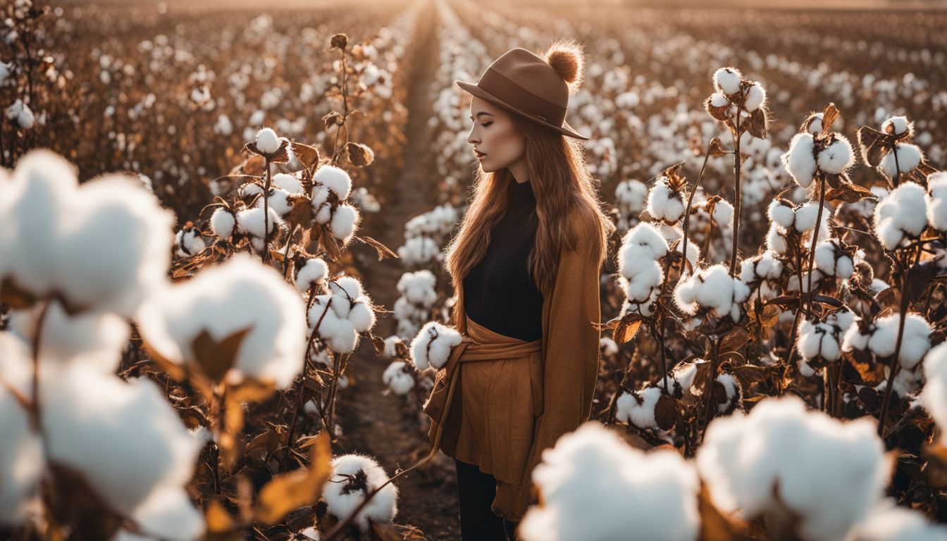 The image shows diverse individuals wearing different outfits in a pesticide-free environment with organic cotton plants.