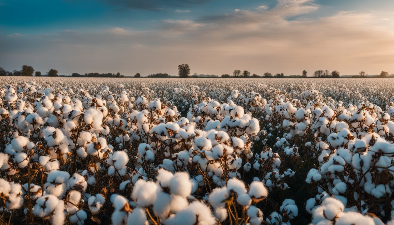 A photo of a vibrant cotton field with people of diverse appearances and outfits, taken with professional camera equipment.