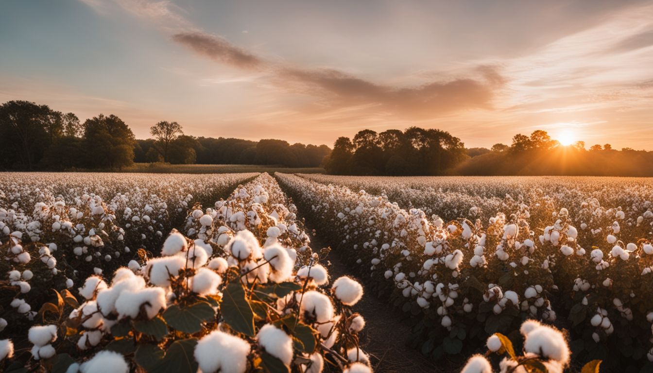 A scenic field of organic cotton plants at sunset, with various people and outfits, captured in high resolution.