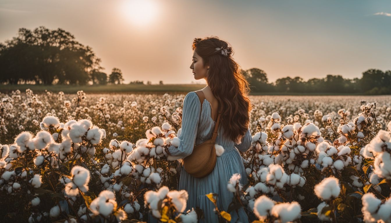 A vibrant and diverse landscape photo of organic cotton fields with various people in different outfits and hairstyles.