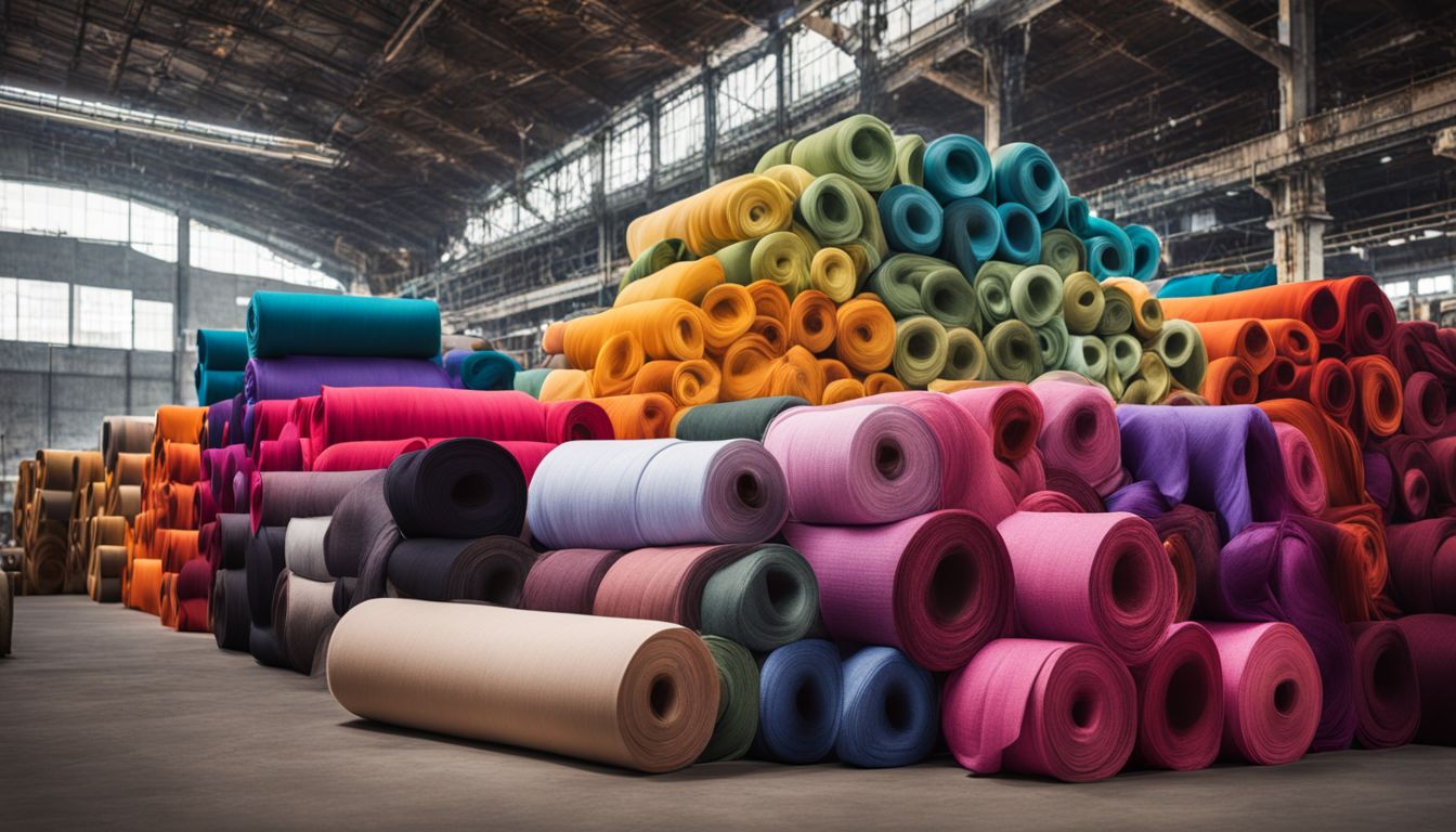 A pile of colorful Lyocell fabric rolls in a textile factory showcasing its sustainable and eco-friendly properties.
