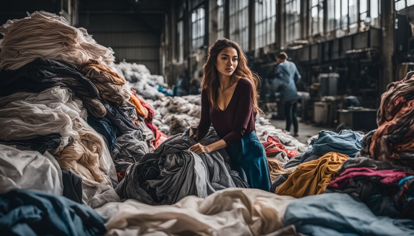 A pile of discarded Lyocell fabric scraps in a textile factory, with various people and outfits.