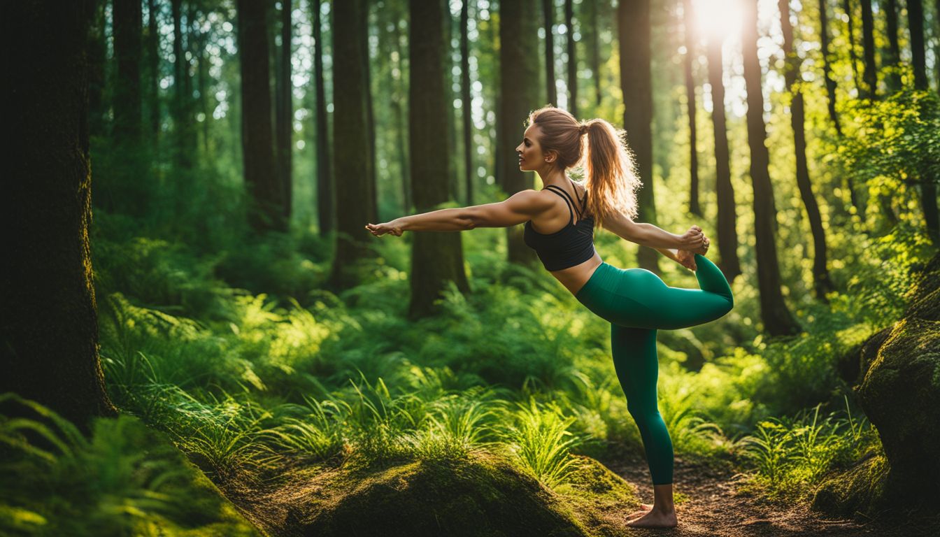 A Caucasian woman in a vibrant yoga outfit strikes a graceful pose in a lush green forest.
