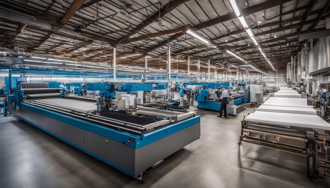 A photo of a Lyocell fabric manufacturing facility with diverse employees working in a bustling atmosphere.