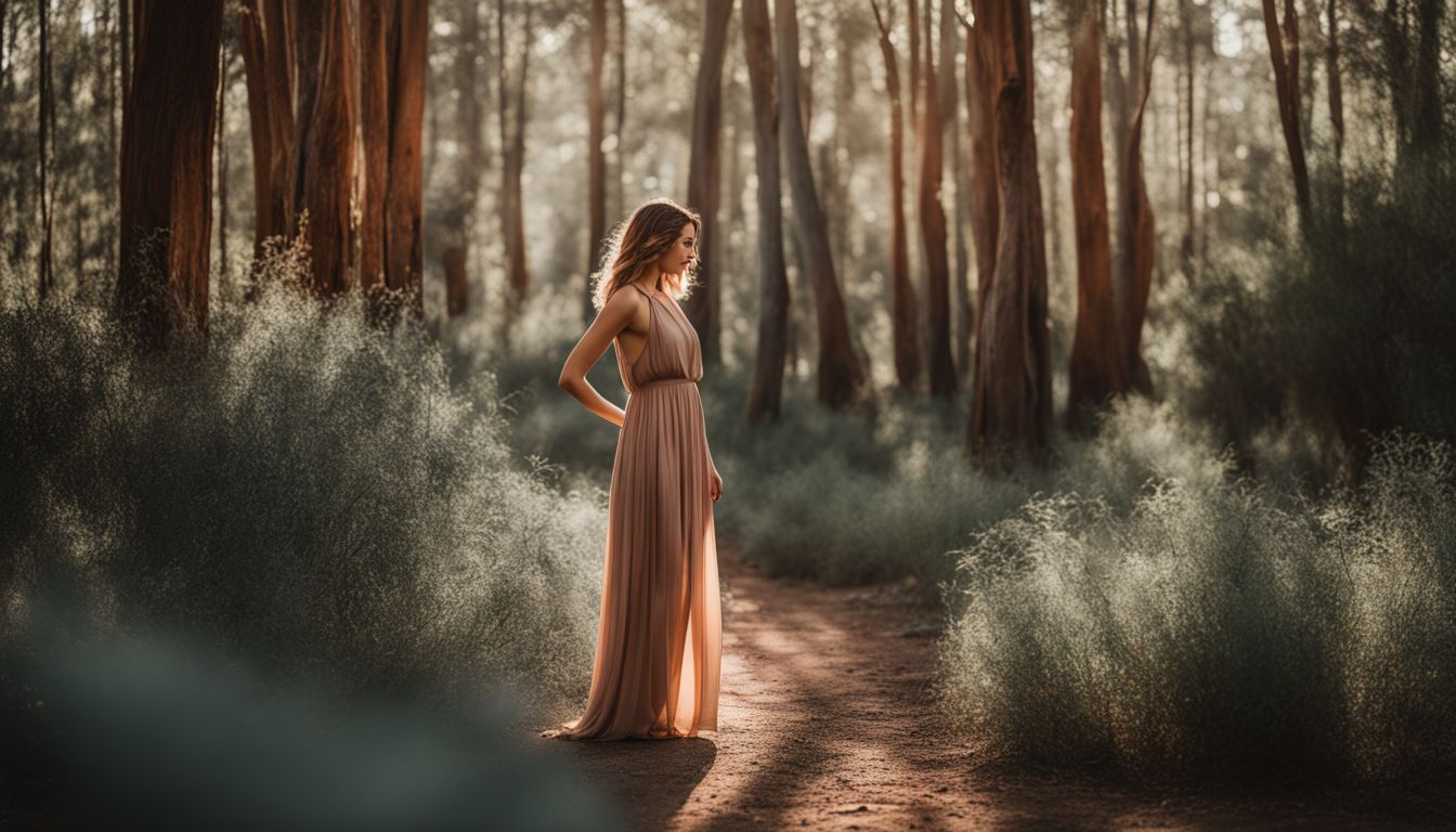 A woman wearing a flowing dress stands in a eucalyptus forest, showcasing different styles and outfits in a natural setting.