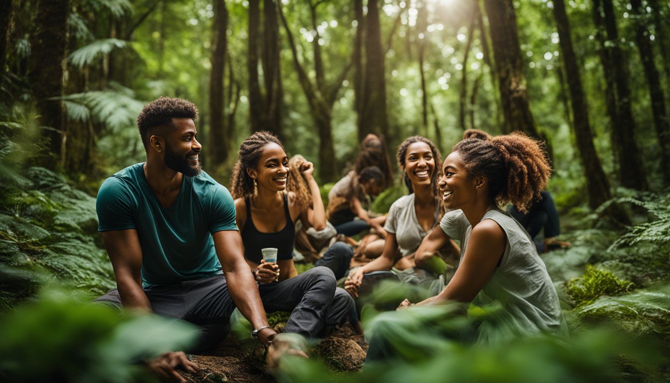 A diverse group of people wearing modal clothing engaged in outdoor activities in a lush green forest.