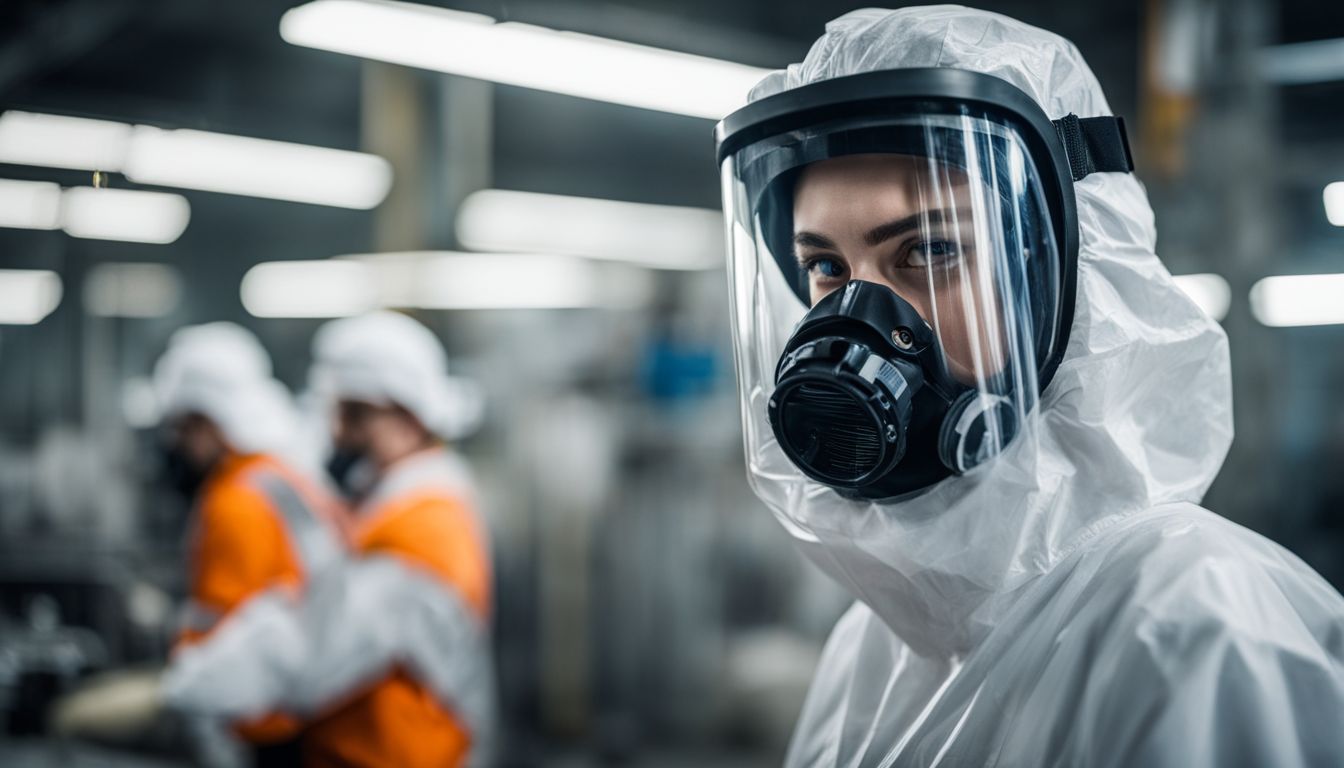 A factory worker wearing protective gear while handling harmful chemicals, with highly detailed features, in a bustling atmosphere.