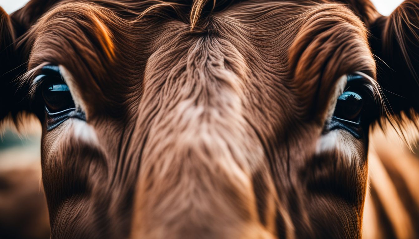 Close-up of a distressed cow's eyes in a small pen, with highly detailed glossy eyes and skin.