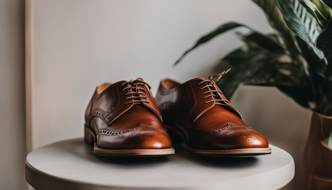 A comparison of leather shoes and a plant-based alternative, showing different styles and a bustling atmosphere.