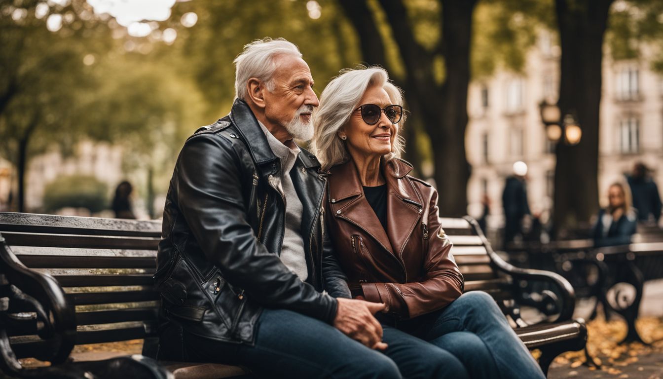 Two older individuals wearing ethically sourced leather jackets sitting on a park bench in a bustling cityscape.