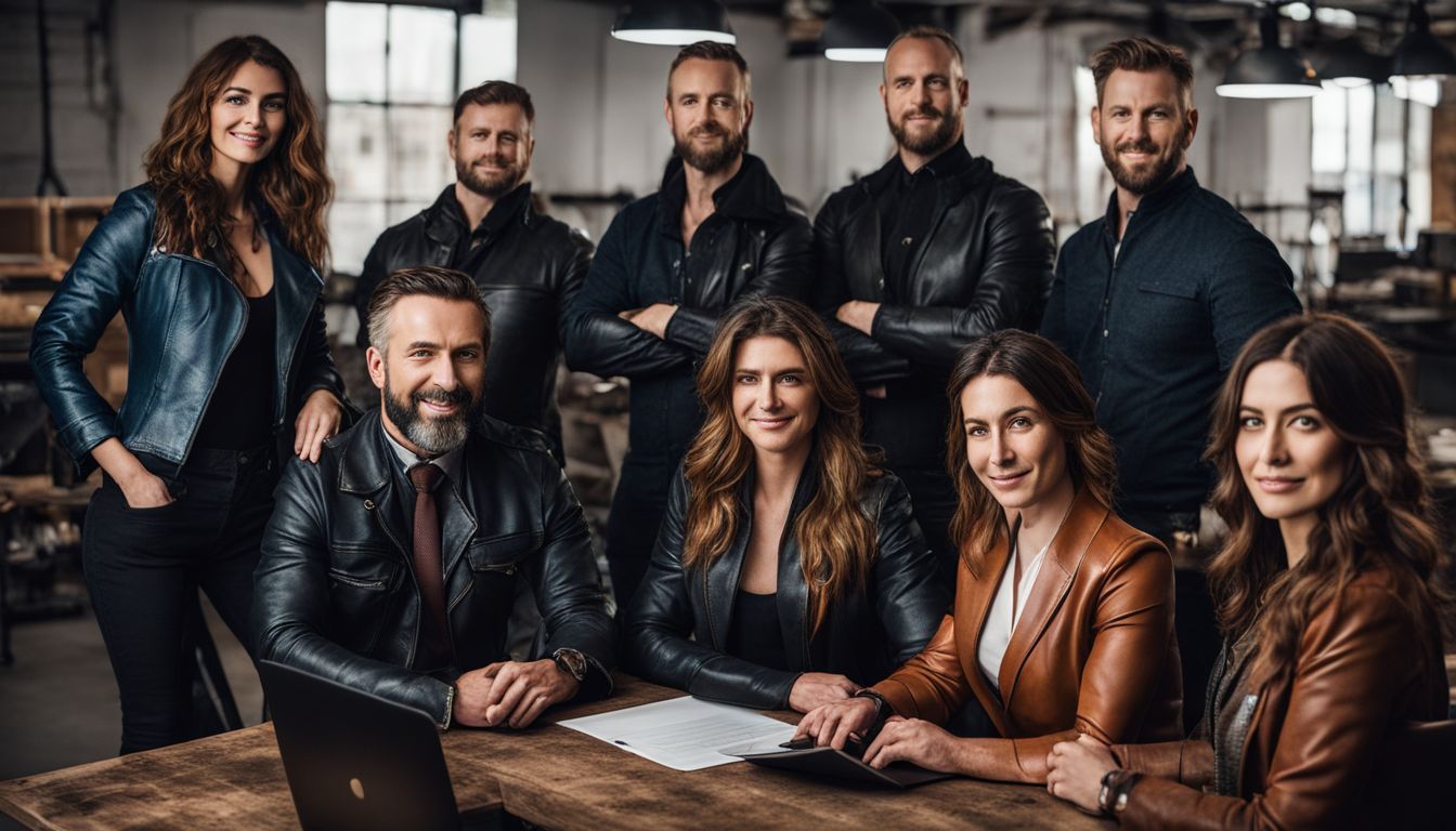 A diverse group of employees from ethical leather companies showcasing collaboration and diversity in a professional studio portrait photo.