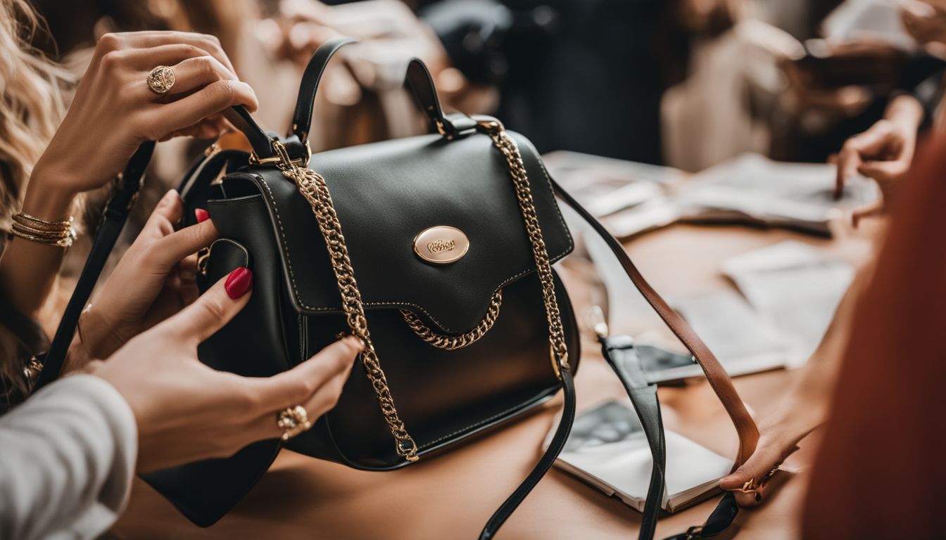 A diverse group discusses ethical fashion around a vegan leather designer handbag in a bustling atmosphere.