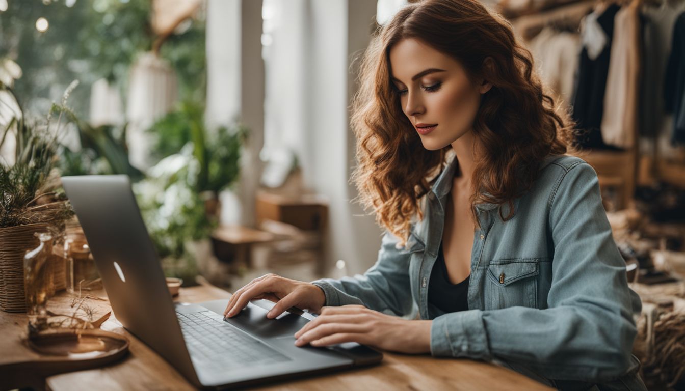 A Caucasian woman is researching sustainable fashion options on a laptop surrounded by eco-friendly clothing and accessories.