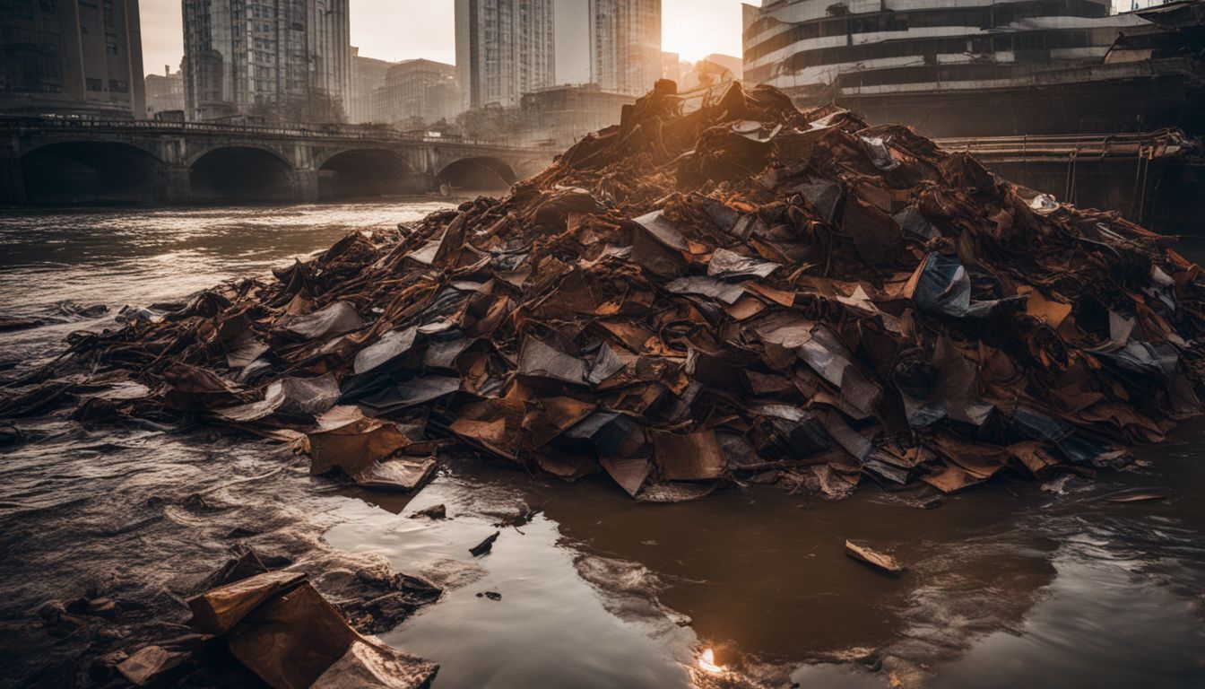 A photograph showing discarded leather scraps in a polluted river, with people of different ethnicities and styles present.