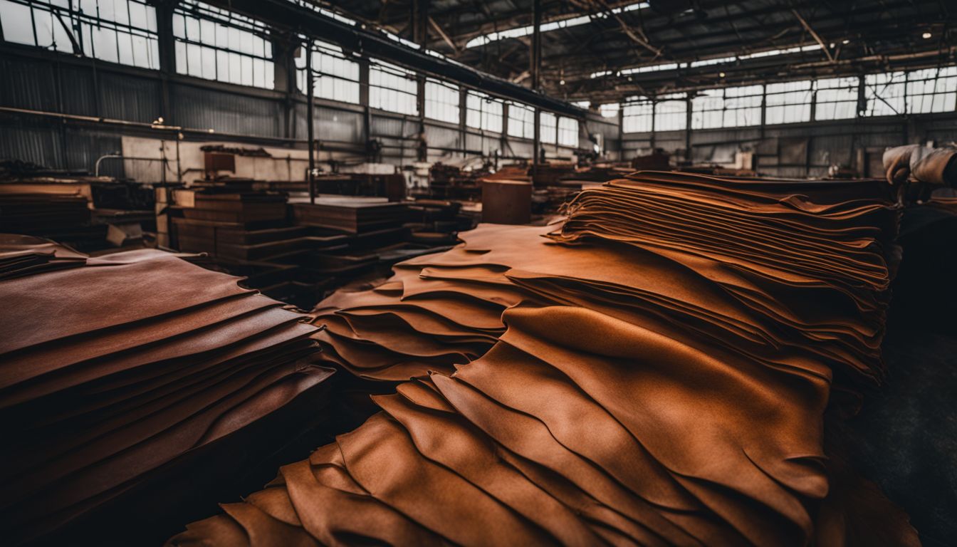 Close-up photo of leather texture in a factory, showcasing diverse individuals and detailed production process.