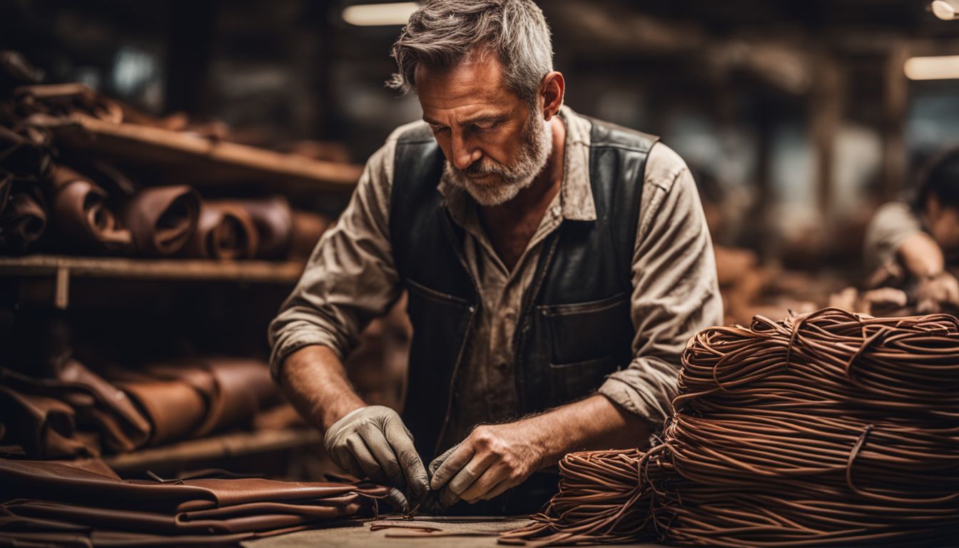 The photo shows a Caucasian leather worker surrounded by materials and tools in a factory, with a focus on different faces, hair styles, and outfits.