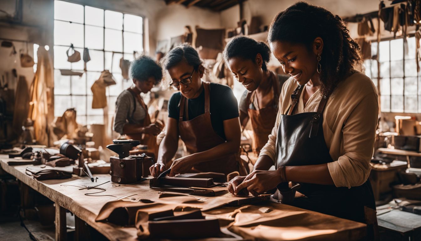 A diverse group of artisans crafting leather goods in a busy workshop, capturing the vibrant atmosphere and skilled craftsmanship.