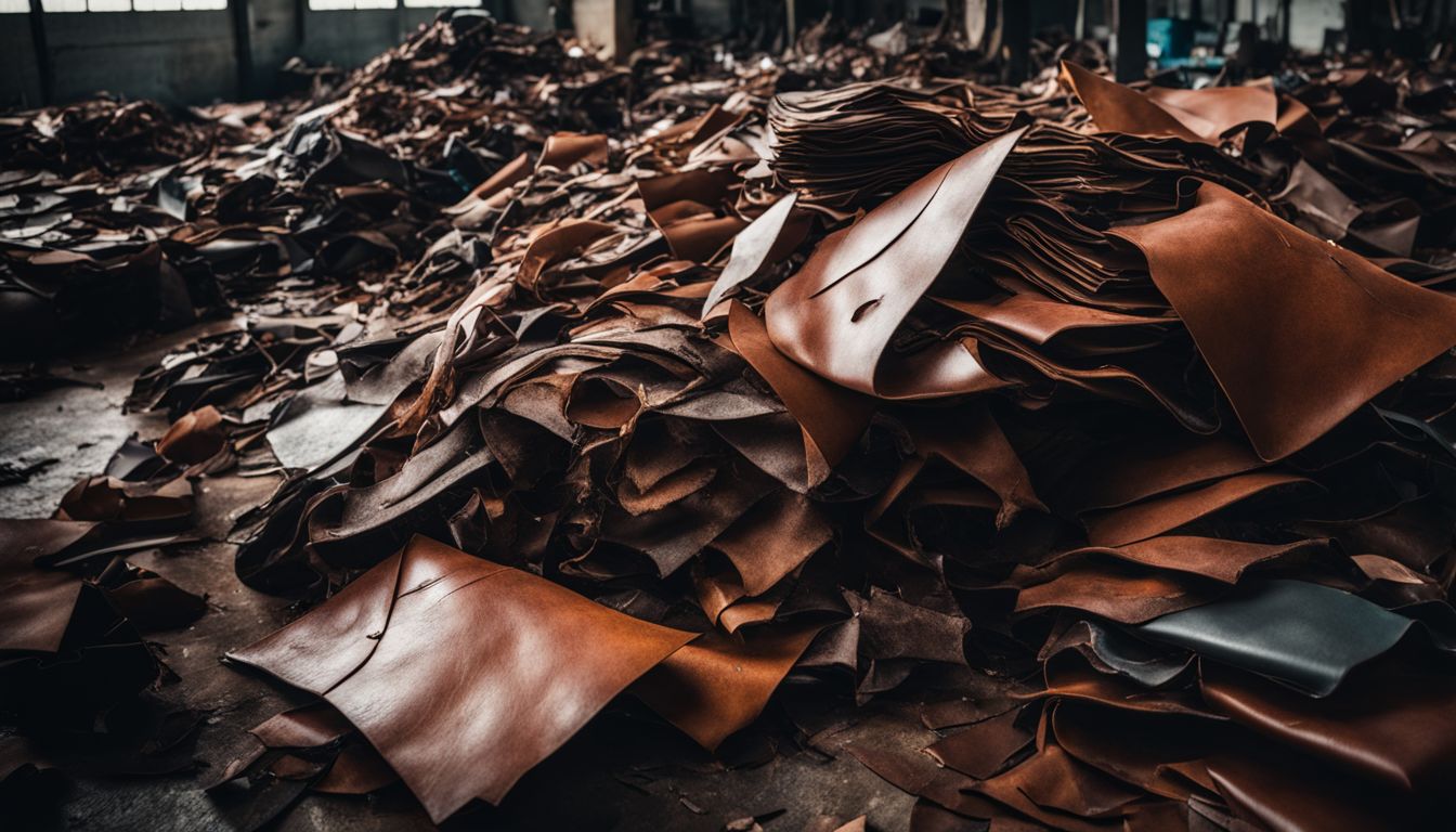 A close-up photo of discarded leather scraps on a factory floor, showcasing diversity in ethnicity, faces, hairstyles, and outfits.