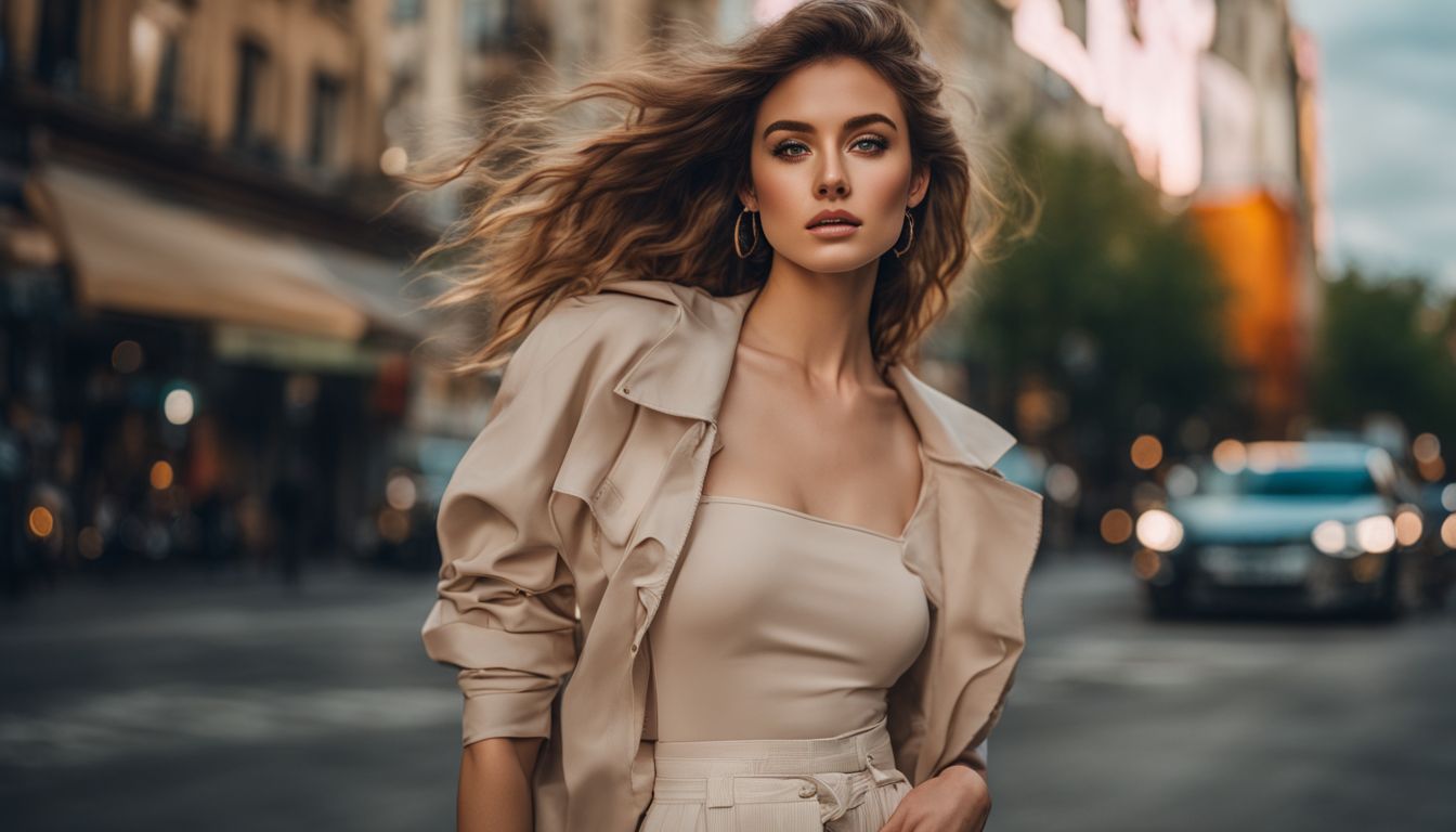 A Caucasian model wearing sustainable clothing in an urban setting, with different looks and outfits, captured in high-quality photography.