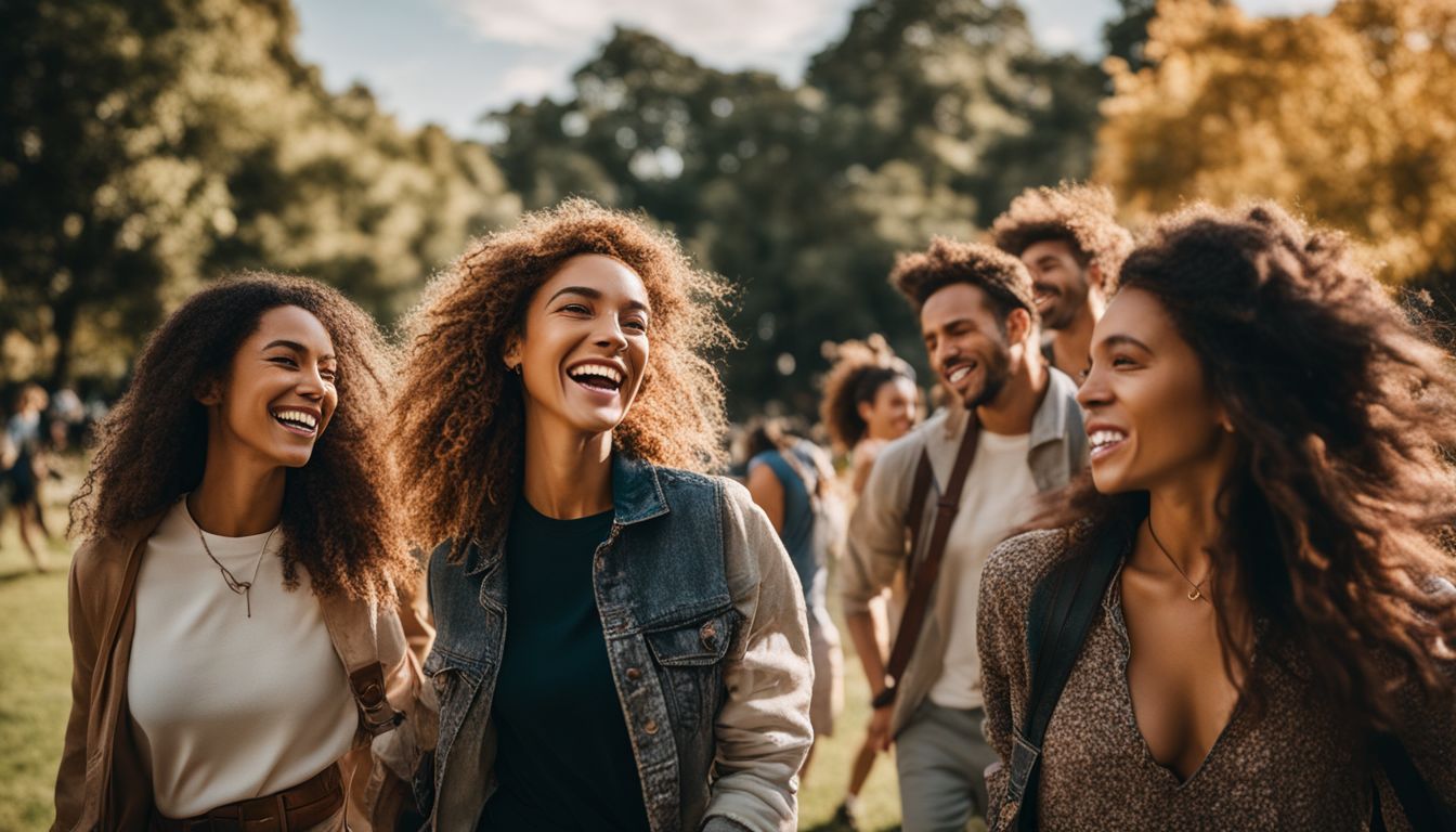A diverse group of friends wearing sustainable clothing laugh while walking through a park in this outdoor lifestyle photo.