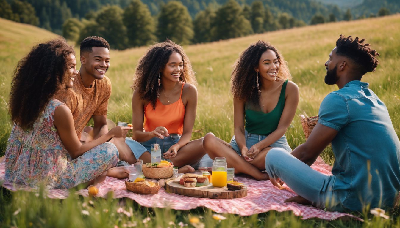 A group of friends wearing Colorful Standard clothing have a picnic in a vibrant meadow.