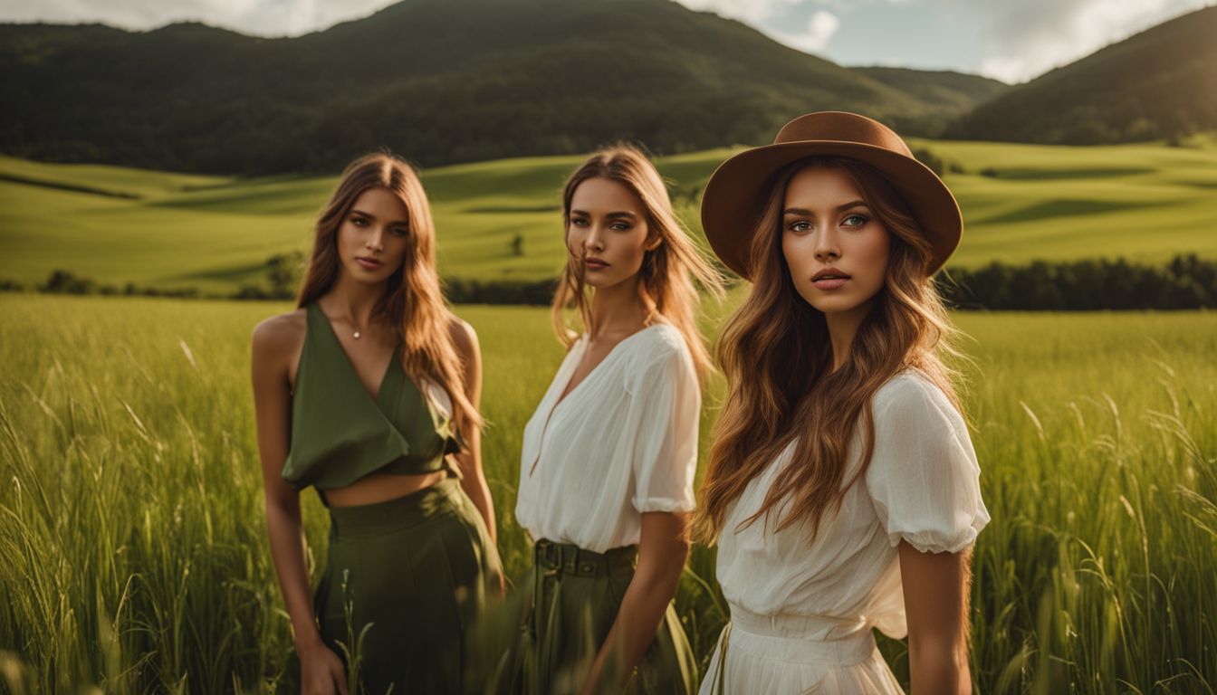 Models wearing eco-friendly clothing pose in a lush green field for a nature-themed photoshoot.