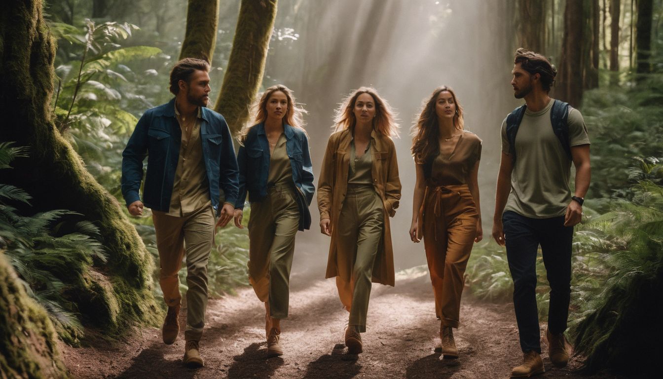 A diverse group of models wearing Dedicated Brand's sustainable clothing, posing in a lush forest.