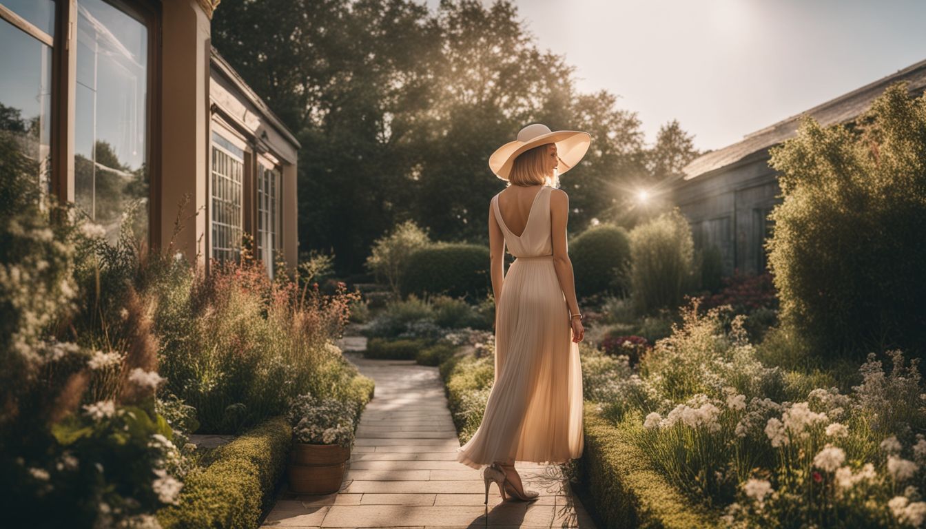 A stylish woman in a fashionable hat and eco-friendly heels walking through a sustainable garden.